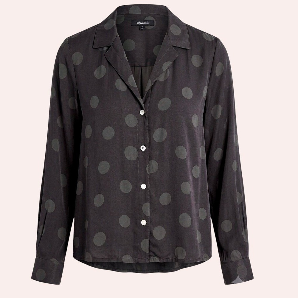 Madewell Womens Minimalist Chic Blouse Olive Green Polka Dot Button Down Size M